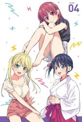 3girls bare_legs barefoot black_hair blonde_hair blouse blue_eyes breasts cleavage collarbone dot_nose fangs feet feet_out_of_frame female_focus full_body green_eyes highres hiroyuki hoshizaki_rika_(kanojo_mo_kanojo) japanese_clothes kanojo_mo_kanojo legs long_hair long_sleeves looking_at_viewer medium_breasts miko minase_nagisa multiple_girls official_art open_mouth orange_shorts red_eyes red_hair saki_saki_(kanojo_mo_kanojo) shirt short_sleeves shorts side_ponytail sitting smile teeth thighs twintails upper_teeth_only white_shorts