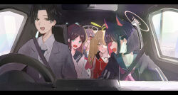 +_+ 1boy 4girls absurdres after-school_sweets_club_(blue_archive) ahoge airi_(blue_archive) animal_ears black_choker black_hair black_hoodie black_sailor_collar blonde_hair blue_archive car car_interior car_seat cardigan cat_ears chestnut_mouth choker colored_inner_animal_ears colored_inner_hair extra_ears green_eyes green_halo halo highres hood hoodie jacket kazusa_(blue_archive) long_hair mirusen1x motor_vehicle multicolored_hair multiple_girls natsu_(blue_archive) neckerchief open_mouth pink_hair pink_halo pink_neckerchief red_eyes red_jacket red_neckerchief sailor_collar school_uniform seatbelt sensei_(blue_archive) sensei_(blue_archive_the_animation) serafuku short_hair skirt trinity_general_school_logo twintails two-tone_hair white_cardigan white_serafuku white_skirt yellow_eyes yellow_halo