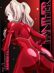 1girl ass awa back blonde_hair blue_eyes bodysuit breasts character_name closed_mouth fake_tail gloves long_hair looking_at_viewer looking_back panther_(persona_5) persona persona_5 persona_5_the_animation pink_lips red_bodysuit smile solo tail takamaki_anne text_background twintails