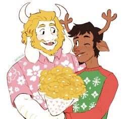 2boys animal_ears antlers arm_hair artist_name asgore_dreemurr bara beard blonde_hair bouquet commentary deer_ears deltarune english_commentary facial_hair flower furry furry_male gabehedge grin highres holding holding_bouquet horns looking_at_another male_focus multiple_boys mustache one_eye_closed open_mouth pink_shirt reindeer_antlers reindeer_boy rudolph_holiday shirt smile sweater white_background
