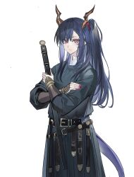 Rule 34 | 1girl, absurdres, alternate costume, alternate hairstyle, arknights, bad source, belt, blue hair, ch&#039;en (arknights), chinese clothes, cowboy shot, crossed arms, dragon girl, dragon horns, dragon tail, echj, hair between eyes, hanfu, highres, holding, holding sword, holding weapon, horns, long hair, long sleeves, looking at viewer, nail polish, one side up, parted lips, red eyes, red nails, sheath, shirt, simple background, solo, sword, tail, weapon, white background, yuanlingpao
