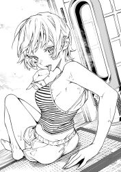 1girl breasts camisole food greyscale hot looking_at_viewer medium_breasts monochrome original popsicle saeki_shun short_hair short_shorts shorts sitting solo sweat tongue tongue_out veranda