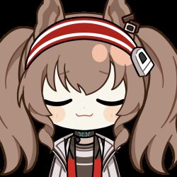 1girl :3 angelina_(arknights) animal_ears animated animated_gif arknights black_choker blush brown_hair chinese_commentary choker chunye_haruya closed_eyes coat commentary_request dot_nose earpiece fox_ears hair_between_eyes hairband infection_monitor_(arknights) jacket long_hair looking_at_viewer lowres material_growth open_clothes open_coat open_jacket oripathy_lesion_(arknights) puff_of_air red_eyes red_hairband red_jacket second-party_source smug solo striped_clothes striped_hairband transparent_background twintails two-tone_hairband upper_body white_coat