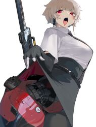 1girl absurdres blonde_hair breasts clothes_lift cyborg elbow_gloves gloves highres large_breasts looking_at_viewer necktie original prosthesis prosthetic_leg red_eyes sheath sheathed shirt short_hair skirt skirt_lift solo sword teeth tongue tongue_out upper_teeth_only weapon white_background white_shirt yunimaru