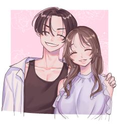 1boy 1girl brown_eyes brown_hair closed_eyes clutching_shoulder couple face-framing_short_strand loose_hair_strand m15391599 parted_bangs round_eyes sano_manjirou sleeveless smile tokyo_revengers