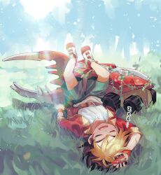 Rule 34 | 1boy, amanogawa ryuusei, aqua shorts, arm above head, arm up, belt, belt buckle, black hair, blonde hair, brown belt, buckle, closed eyes, collared jacket, commentary, forest, grass, hercules beetle, highres, holding, holding toy, jacket, jinzou konchuu kabutoborg vxv, kuroda (kuro yyy), lying, male focus, nature, on back, on grass, open mouth, outdoors, oversized object, plant, red jacket, red shoes, shirt, shoes, short hair, shorts, sleeping, sneakers, solo, tomcat red beetle (kabutoborg), toy, toy car, tree, vines, white shirt, wristband, zzz