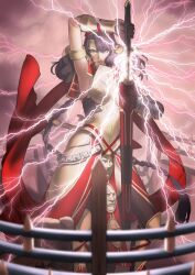 1girl arm_above_head armor armored_boots armpits black_hair boobplate boots bracer braid breastplate breasts brown_gloves brown_thighhighs cape dagger electricity fate/grand_order fate_(series) floating_clothes floating_hair game_cg gauntlets gloves gold_armlet gold_armor gold_boots gordius_wheel_(fate) hephaestion_(fate) heterochromia holding holding_sheath holding_sword holding_weapon knife legs_apart lips long_hair looking_at_viewer medium_breasts official_art parted_bangs parted_lips pelvic_curtain red_cape red_skirt sakamoto_mineji sheath sheathed short_hair_with_long_locks showgirl_skirt single_braid skirt solo standing straight-on swept_bangs sword thighhighs third-party_source unsheathing v-shaped_eyebrows very_long_hair weapon