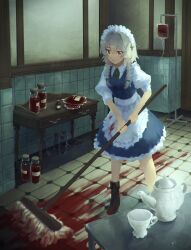 1girl apron blood blood_bag blood_on_clothes bo_cota boots bow braid brown_boots brown_eyes cleaning commentary cup green_bow green_ribbon grey_hair hair_bow highres holding holding_mop indoors izayoi_sakuya long_hair maid maid_headdress mop neck_ribbon puffy_short_sleeves puffy_sleeves ribbon short_sleeves solo symbol-only_commentary teacup teapot touhou twin_braids waist_apron
