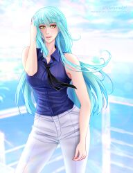 1girl absurdres bare_shoulders blue_hair blue_sky blurry blurry_background breasts cloud commentary commission cowboy_shot denim deviantart_username eiyuu_densetsu english_commentary floating_hair floating_neckwear highres hime_cut jeans kuro_no_kiseki_(series) large_breasts long_hair looking_at_viewer manu-chann necktie outdoors pants risette_twinings shirt sky sleeveless smile solo twitter_username watermark yellow_eyes