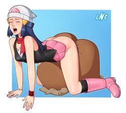 1girl all_fours ass bare_shoulders beanie blue_eyes blush boots bracelet breasts closed_eyes creatures_(company) dawn_(pokemon) dugtrio game_freak gen_1_pokemon hair_ornament hairclip hat highres implied_cunnilingus interspecies jewelry lips loodncrood medium_hair nintendo no_panties open_mouth pink_footwear pokemon pokemon_(creature) pokemon_dppt red_scarf scarf skirt small_breasts solo_focus teeth thighs tongue upper_teeth_only watch white_headwear wristwatch
