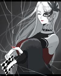 Rule 34 | 1girl, absurdres, arm strap, bare shoulders, between fingers, black choker, breasts, card, card between fingers, character request, check character, choker, closed mouth, crack, cracked glass, elbow gloves, eyelashes, feather hair ornament, feathers, fingerless gloves, fourth wall, fur shawl, gloves, grey background, grey eyes, greyscale, hair ornament, half mask, highres, holding, kohanai setsuna, large breasts, letterboxed, lipstick, looking ahead, makeup, mask, masquerade mask, monochrome, nail polish, nikki (series), o-ring, o-ring choker, one eye closed, playing card, pointy nose, red lips, red nails, red shirt, shawl, shining nikki, shirt, sleeveless, sleeveless shirt, smile, solo, spot color, stylist (nikki), upper body