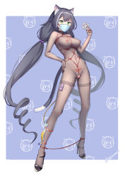 1girl animal_ear_fluff animal_ears bdsm black_bodysuit black_cat black_footwear black_hair blue_background bodysuit bondage bound bound_ankles breasts cat cat_ears cat_girl cat_tail cleft_of_venus condom condom_wrapper food full_body green_eyes hand_on_own_hip high_heels highres karyl_(princess_connect!) large_breasts long_hair low_twintails mask multicolored_hair nipple_piercing nipples object_insertion piercing princess_connect! pubic_tattoo pussy see-through_clothes sex_toy shibari tail tattoo twintails urethral_insertion vaginal vaginal_object_insertion very_long_hair wedgie white_hair xiaoxi0619