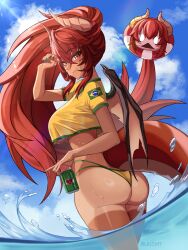 Rule 34 | 1girl, absurdres, ass, bikini, brazil, brazilian flag, brazilian flag print, breasts, can, cloud, crop top, dragon girl, dragon horns, dragon tail, dragon wings, flag print, highres, horns, jozeff, long hair, orange eyes, ponytail, red hair, shirt, sky, swimsuit, tail, tan, tanline, tube, underboob, virtual youtuber, vshojo, water, wings, yellow bikini, yellow shirt, zentreya, zentreya (dragon)