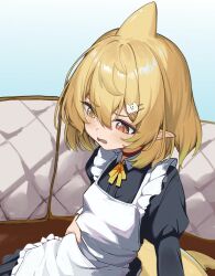 1girl apron blonde_hair cat_hair_ornament choker couch grabbing_own_stomach hair_between_eyes hair_ornament hand_on_own_stomach heterochromia hpapo indie_virtual_youtuber kaofish leaning_to_the_side looking_at_own_stomach maid_apron on_couch open_mouth pointy_ears red_eyes ribbon short_hair sitting stomach worried yellow_eyes yellow_ribbon