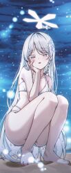 1girl absurdres bare_arms bare_legs bare_shoulders barefoot bikini blue_archive blush braid hand_on_own_face highres long_hair nagusa_(blue_archive) nagusa_(swimsuit)_(blue_archive) official_alternate_costume official_alternate_hairstyle open_mouth parted_bangs ryon_y0421 single_braid solo squatting swimsuit white_bikini white_eyes white_hair