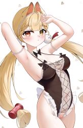 1girl absurdres ahoge alice_thymefield animal_ears armpits arms_up blonde_hair blush braid breasts censored commentary cowboy_shot english_commentary expressionless heart heterochromia highres knosdeba large_breasts long_hair looking_at_viewer navel nose_blush pussy red_eyes sideboob simple_background solo uncensored variant_set white_background yellow_eyes zenless_zone_zero