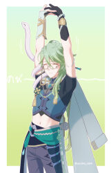 1boy absurdres ahoge aqua_background aqua_sash arms_up artist_name asymmetrical_gloves baizhu_(genshin_impact) bead_bracelet beads black_gloves blue_shirt border bracelet braid cape changsheng_(genshin_impact) chinese_clothes closed_eyes closed_mouth commentary_request cowboy_shot crop_top eyewear_strap fingerless_gloves genshin_impact glasses gloves gradient_background green_background green_hair hair_between_eyes hair_ornament hair_stick highres jewelry long_hair male_focus mandarin_collar midriff mismatched_gloves navel outside_border own_hands_together pants parted_bangs purple_pants raised_eyebrows sash semi-rimless_eyewear shirt short_sleeves simple_background single_braid snake solo standing stomach stretching swept_bangs tassel twitter_username under-rim_eyewear usushio_oishii white_border white_cape white_gloves white_snake