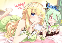 10s 2girls ;p bare_shoulders barefoot bed blonde_hair blue_eyes blush bow braid breasts dress english_text female_focus frills game_console green_hair hair_bow hakozaki_chika handheld_game_console heart highres holding indoors large_breasts long_hair looking_at_viewer lying multiple_girls neptune_(series) nightgown on_stomach one_eye_closed playstation_vita red_eyes room shinjitsu_(true_ride) shiny_skin smile teardrop text_focus tongue tongue_out vert_(neptunia)