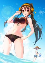 Rule 34 | 2girls, alternate hair length, alternate hairstyle, ball, beach, beachball, bikini, black bikini, blue bikini, blue shorts, blue sky, border, breasts, brown eyes, brown hair, cloud, commentary request, copyright name, dated, day, from below, hair between eyes, hair ribbon, hairband, hand on own hip, hat, highres, holding, holding ball, large breasts, long hair, looking at viewer, multiple girls, nagato yuki, nagato yuki-chan no shoushitsu, nanabuluku, navel, official alternate hair length, official alternate hairstyle, orange hairband, orange ribbon, ponytail, purple hair, ribbon, short hair, shorts, sky, solo focus, standing, straw hat, suzumiya haruhi, suzumiya haruhi no shoushitsu, suzumiya haruhi no yuuutsu, swimsuit, very long hair, wading, water, white border