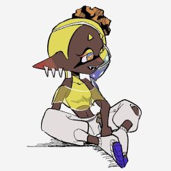1girl :d bare_shoulders blonde_hair breasts colored_eyelashes covered_collarbone crop_top cross-shaped_pupils dark-skinned_female dark_skin earrings fangs frye_(deep_cut_outfit)_(splatoon) frye_(splatoon) full_body harem_pants hyper_chikuwabu indian_style inkling jewelry long_hair medium_breasts multiple_earrings navel nintendo open_mouth orange_eyes pants pointy_ears shirt short_eyebrows simple_background sitting sleeveless sleeveless_shirt smile socks solo splatoon_(series) splatoon_3 symbol-shaped_pupils teeth tentacle_hair toeless_legwear tooth_earrings white_background white_pants white_socks yellow_shirt