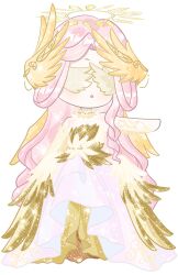Rule 34 | 1girl, absurdres, arm warmers, bare shoulders, blindfold, circlet, collar, colored blindfold, crimson feather (infinity nikki), deformed, detached collar, dress, elbow gloves, expressionless, feather-trimmed dress, full body, gloves, gown, hair ornament, halo, highres, infinity nikki, light blush, light particles, long hair, long sidelocks, nikki (series), official alternate color, outstretched arm, parted lips, pink dress, pink hair, sidelocks, simple background, single arm warmer, single elbow glove, single sidelock, solo, sparkle, spiked halo, standing, strapless, strapless dress, triangle mouth, two-tone dress, very long hair, wavy hair, white background, white collar, wing hair ornament, yellow arm warmers, yellow dress, yellow gloves, yellow halo, zhizhizhizhizhizong