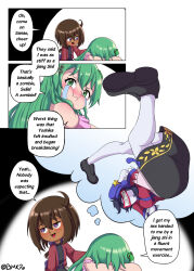 3girls :i alternate_costume ascot black_footwear black_hair black_skirt blue_ribbon bmkro breakdance breasts brown_hair newsboy_cap chinese_clothes comforting comic crying crying_with_eyes_open dancing dark-skinned_female dark_skin dress english_text floral_print frog_hair_ornament green_eyes green_hair hair_ornament handstand hat hat_ornament highres jiangshi kochiya_sanae lace-trimmed_sleeves lace_trim long_hair looking_away medium_breasts medium_hair miyako_yoshika multiple_girls no_eyebrows no_eyes ofuda one_arm_handstand original pink_dress pouty_lips purple_eyes red_shirt ribbon shirt shoes short_hair short_sleeves simple_background skirt snake_hair_ornament speech_bubble star_(symbol) star_hat_ornament tangzhuang tears thought_bubble touhou touhou_lostword upside-down wide_sleeves