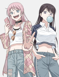2girls bang_dream! bang_dream!_it&#039;s_mygo!!!!! chihaya_anon choker denim highres ishinomaki_rokorou jeans long_hair mole mole_under_eye multiple_girls open_mouth pants pink_hair shiina_taki shirt sunglasses