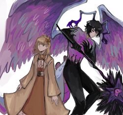 1boy 1girl black_sclera blonde_hair bow bowtie braid closed_mouth coat colored_sclera crown_braid dearpupa dress e.g.o_(project_moon) feathered_wings fingernails green_eyes holding holding_staff in_the_name_of_love_and_hate_(e.g.o) lapels leia_rolando library_of_ruina lizard_tail long_sleeves medium_hair orange_bow orange_bowtie orange_dress pink_eyes pink_wings project_moon sharp_fingernails shirt simple_background staff standing tail tiphereth_a_(project_moon) upper_body white_background white_shirt wings yellow_brooch yellow_coat
