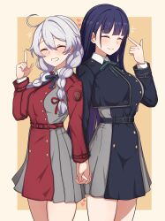 2girls ^_^ absurdres black_dress blue_hair braid breasts closed_eyes closed_mouth cosplay cowboy_shot cowlick dress grey_dress hair_between_eyes hand_up heart highres holding_hands honkai_(series) honkai_impact_3rd inoue_takina inoue_takina_(cosplay) kiana_kaslana large_breasts long_hair long_sleeves low_twin_braids lycoris_recoil lycoris_uniform milliani multiple_girls nishikigi_chisato nishikigi_chisato_(cosplay) outside_border pleated_dress raiden_mei red_dress smile twin_braids white_hair