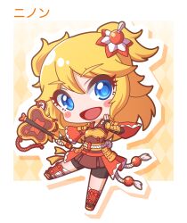 Rule 34 | 1girl, :d, absurdres, argyle background, arm guards, bike shorts, black gloves, black shorts, blonde hair, blue eyes, blush stickers, brown sandals, brown skirt, chibi, commentary request, fingerless gloves, full body, gloves, hair between eyes, highres, holding, kuji-in, long sleeves, looking at viewer, ninon (princess connect!), open mouth, outline, pleated skirt, princess connect!, saishosaisekojo, sandals, shorts, shorts under skirt, skirt, smile, solo, thick eyebrows, two side up, white outline, wide sleeves, zouri