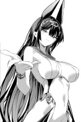 1girl ancient_egyptian ancient_egyptian_clothes animal_ears breasts covered_erect_nipples greyscale haite_kudasai_takamine-san highres hiiragi_yuuichi jackal_ears large_breasts long_hair looking_at_viewer monochrome navel parted_lips solo stomach takamine_takane white_background