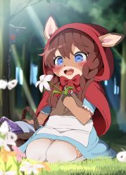 1boy 1girl animal_ears blue_eyes braid brown_hair cloak commentary_request dagasi deer_ears deer_girl ears_through_hood flower furry furry_female furry_male highres holding holding_flower hood hood_up hooded_cloak hooves little_red_riding_hood long_hair open_mouth original outdoors short_sleeves solo_focus teeth thighhighs twin_braids upper_teeth_only white_thighhighs wolf_boy