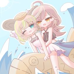 2girls :d ;d ahoge aqua_eyes assault_lily bare_arms bare_shoulders behind_another bikini black_bikini blonde_streaks blue_sarong blue_sky blunt_bangs blush bow brown_hair brown_hat criss-cross_halter day dress esaka_shizuku feet_out_of_frame frilled_dress frills grey_hair hair_bow hair_ornament hairclip halterneck hand_on_another&#039;s_stomach hat heads_together inflatable_toy long_hair looking_at_another looking_at_viewer medium_hair multicolored_hair multiple_girls nogamo one_eye_closed open_mouth outdoors riding sarong sasaki_ran sky sleeveless sleeveless_dress smile straw_hat streaked_hair sun sun_hat sundress swimsuit water waves white_bow white_dress yellow_eyes