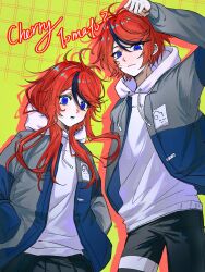 1boy 1girl ahoge arm_up black_skirt black_streaks blue_eyes blue_jacket chinese_commentary drawstring drop_shadow dual_persona english_text genderswap genderswap_(mtf) grey_jacket grid_background hands_in_pockets height_difference highres hood hoodie jacket long_hair male_focus multicolored_hair multicolored_jacket pants pleated_skirt red_hair roiko7010 short_hair skirt smile streaked_hair sumino_takumi the_hundred_line_-last_defense_academy- two-tone_jacket white_hoodie yellow_background