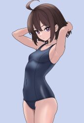 1girl ahoge armpits blue_one-piece_swimsuit blush bojack198 breasts brown_hair covered_navel highres huge_ahoge linne_(under_night_in-birth) looking_at_viewer navel one-piece_swimsuit purple_eyes school_swimsuit short_hair simple_background small_breasts solo swimsuit under_night_in-birth