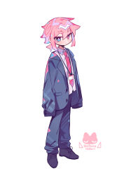 1boy absurdres artist_logo black_jacket black_pants black_shoes blue_eyes bright_pupils buttons closed_mouth collared_shirt commentary_request frown full_body hair_between_eyes heterochromia highres jacket lanyard lapels logo male_focus necktie notched_lapels original oversized_clothes pants pink_eyes pink_hair raito-kun_(uenomigi) red_necktie shirt shoes short_hair simple_background sleeves_past_fingers sleeves_past_wrists solo tsurime uenomigi v-shaped_eyebrows white_background white_pupils white_shirt