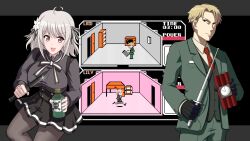 1boy 1girl ahoge black_gloves black_pantyhose black_ribbon black_skirt blonde_hair bomb bottle character_name collared_shirt crossover dagger explosive flower gloves green_jacket green_pants grey_hair grey_shirt hair_flower hair_ornament hair_ribbon highres holding holding_bomb holding_bottle holding_dagger holding_knife holding_weapon jacket kishi_nisen knife lily_(flower) lily_(spy_kyoushitsu) neck_ribbon necktie pants pantyhose pixel_art poison red_eyes red_necktie ribbon shirt short_hair skirt skull_print spy_kyoushitsu spy_vs_spy spy_x_family twilight_(spy_x_family) two-tone_ribbon weapon white_ribbon white_shirt