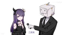 Rule 34 | 1boy, 1other, asymmetrical bangs, beizhi, bilibili logo, black bow, black choker, black dress, black hairband, black sleeves, bow, choker, commentary, daisy (flower), detached sleeves, dress, english commentary, flower, hair bow, hair flower, hair ornament, hairband, highres, lithos (pgr), long hair, mechabare, mechanical arms, personification, punishing: gray raven, purple eyes, purple hair, sidelocks, trap, x hair ornament