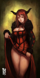 10s 1girl artist_name breasts cameltoe choker cleavage closed_mouth clothes_lift dress dress_lift female_focus fur_trim highres horns large_breasts legs_together lifting_own_clothes long_dress long_hair looking_at_viewer maou_(maoyuu) maoyuu_maou_yuusha panties red_eyes red_hair shade solo underwear white_panties wookyung