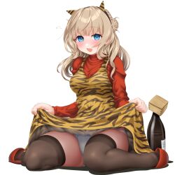 1girl animal_print black_thighhighs blue_eyes blush bottle clothes_lift dd_(ijigendd) dress dress_lift fake_horns fang highres horns kantai_collection lifting_own_clothes light_brown_hair long_hair long_sleeves masu official_alternate_costume open_mouth panties ranger_(kancolle) ranger_(setsubun)_(kancolle) red_shirt shirt simple_background skin_fang smile solo thighhighs tiger_print underwear white_background white_panties yellow_dress