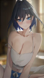 1girl :3 absurdres bare_arms between_legs black_hair blue_eyes blue_hair blue_shorts blurry blurry_background breasts breasts_squeezed_together camisole cleavage closed_mouth colored_inner_hair commentary crop_top fanged_bangs grey_background hair_between_eyes hair_flaps hair_intakes hand_between_legs hashtag-only_commentary highres hololive hololive_english indoors large_breasts looking_at_viewer midriff multicolored_hair navel ouro_kronii short_hair shorts solo straight-on strap_slip two-tone_hair virtual_youtuber white_camisole yoellim5