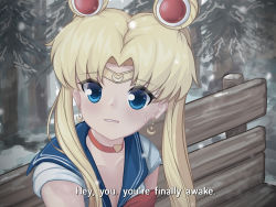 1girl batazungharn bishoujo_senshi_sailor_moon bishoujo_senshi_sailor_moon_s blonde_hair blue_eyes blush breasts cart choker cleavage collarbone crescent crescent_earrings derivative_work earrings english_text female_focus hair_between_eyes hair_ornament highres jewelry looking_at_viewer meme parody red_choker sailor_collar sailor_moon sailor_moon_redraw_challenge_(meme) short_sleeves snow solo sweatdrop the_elder_scrolls the_elder_scrolls_v:_skyrim tiara tree tsukino_usagi twintails
