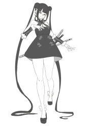 1girl absurdres black_dress dress earrings facing_viewer fate/grand_order fate_(series) high_heels highres jewelry just_we katana leg_up long_hair looking_at_viewer original puffy_sleeves smile solo solo_focus stud_earrings studs sword very_long_hair weapon yang yang_guifei_(fate) yang_guifei_(first_ascension)_(fate)