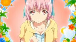anime_screenshot beach_background blue_background brown_eyes flower_background hair_ribbon hinata_hanabi ice_background jacket pink_hair ribbon tropical_kiss yellow_jacket
