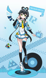 Rule 34 | 1girl, asymmetrical legwear, bare shoulders, black socks, black thighhighs, blue shoes, cd, chinese commentary, detached sleeves, detached wings, full body, green eyes, grey hair, hair ornament, hair rings, highres, long hair, looking at viewer, luo tianyi, luo tianyi v3, pleated skirt, pointzhu, rubik&#039;s cube, shoes, short hair with long locks, skirt, socks, solo, standing, standing on object, standing on one leg, television, thighhighs, twintails, uneven legwear, vocaloid, vsinger (vocaloid), white shoes, wings