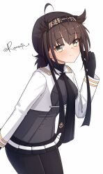 Rule 34 | 1girl, aticsanir, black bodysuit, black headband, black neckerchief, black skirt, blush, bodysuit, breasts, clothes writing, dress, gloves, grey dress, hachimaki, hair flaps, hatsuzuki (kancolle), hatsuzuki kai ni (kancolle), headband, highres, kantai collection, long sleeves, looking at viewer, medium breasts, neckerchief, pleated skirt, short hair, skirt, solo, twitter username, white background, yellow eyes