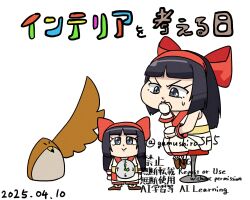 Rule 34 | 1girl, ainu clothes, black hair, chibi, clock, fingerless gloves, gloves, grey eyes, hair ribbon, japanese text, long hair, looking at viewer, mamahaha, nakoruru, ribbon, samurai spirits, sitting, smile, snk, the king of fighters, translation request