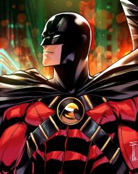 1boy batman_(series) black_cape black_mask bodysuit cape dc_comics highres looking_to_the_side outdoors red_bodysuit red_robin sergacuna solo superhero_costume tim_drake upper_body
