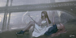 2girls absurdres arm_up bang_dream! bang_dream!_it&#039;s_mygo!!!!! blue_jacket bridge brown_hair chihaya_anon city commentary_request dress grey_eyes highres jacket lemtun long_hair lying multiple_girls nagasaki_soyo on_back outdoors pink_hair rain sidelocks sleeveless sleeveless_dress transparent transparent_umbrella umbrella white_dress