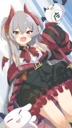 Rule 34 | 1girl, :d, absurdres, bare shoulders, black jacket, black skirt, blush, bow, bowtie, brooch, collared shirt, commission, crossed bangs, demon girl, demon horns, demon wings, fang, frills, grey hair, hair between eyes, highres, horns, jacket, jewelry, long hair, looking at viewer, off shoulder, open mouth, original, pointy ears, red eyes, red horns, red wings, shiro9jira, shirt, sidelocks, skeb commission, skin fang, skirt, sleeveless, sleeveless shirt, sleeves past fingers, sleeves past wrists, smile, solo, two side up, very long hair, white shirt, wings
